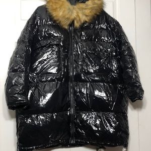 Faux fur hooded shiny Parka coat Jacket